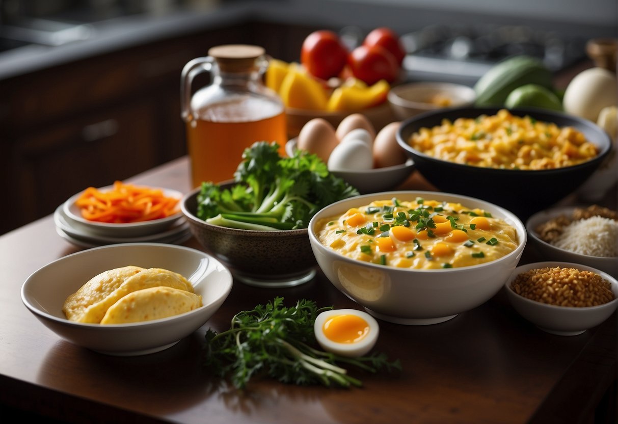 Ingredients arranged on a kitchen counter, including eggs, vegetables, and a bowl of savory Chinese omelette gravy