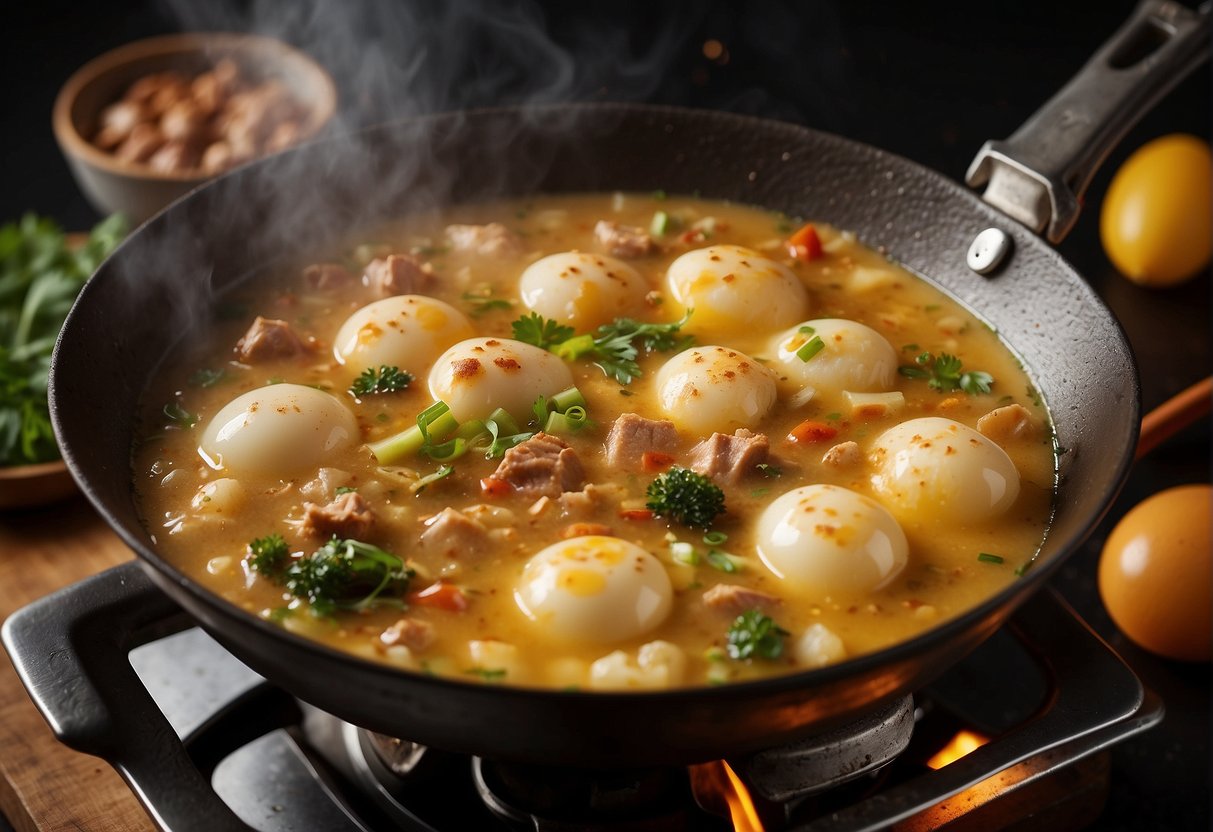 A sizzling wok of Chinese omelette gravy with bubbling eggs, savory meats, and aromatic spices, filling the air with mouthwatering aroma