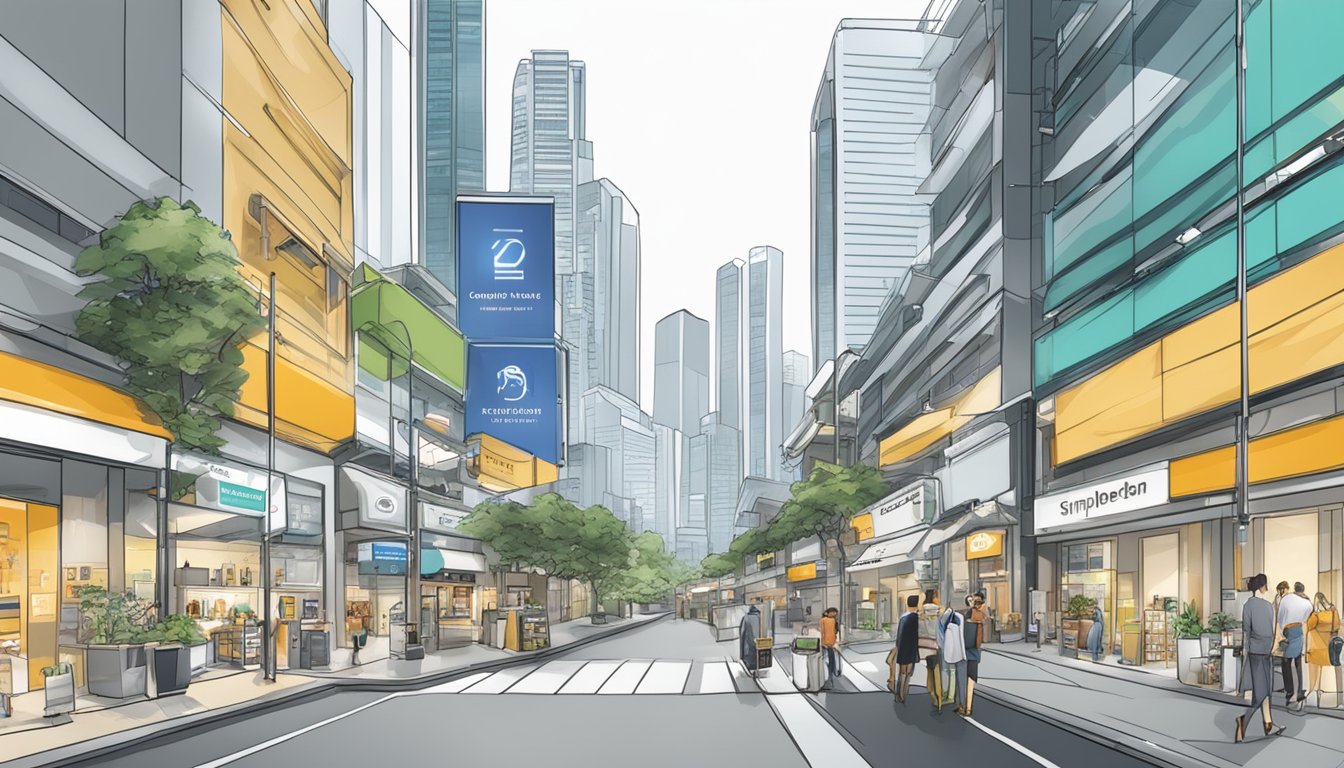 A busy city street in Singapore with modern storefronts and signs displaying "simplehuman" products