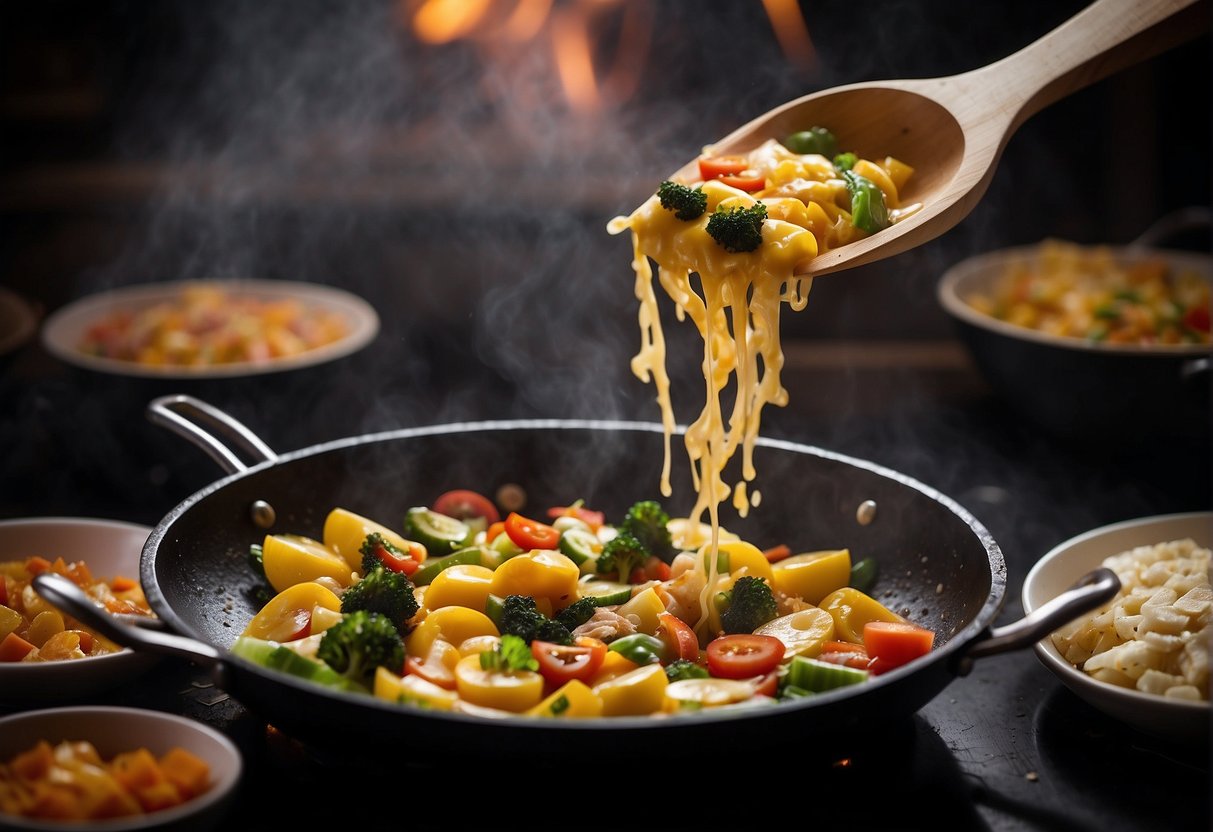 A wok sizzles with beaten eggs, chopped vegetables, and diced meats, forming a savory Chinese omelette. Soy sauce and sesame oil add a final touch