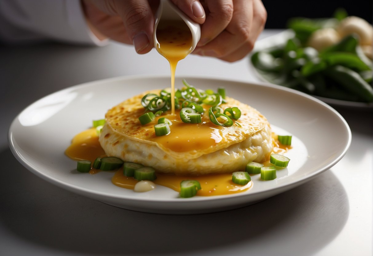 A chef pours savory gravy over a golden Chinese omelette, garnished with fresh scallions and served on a white plate