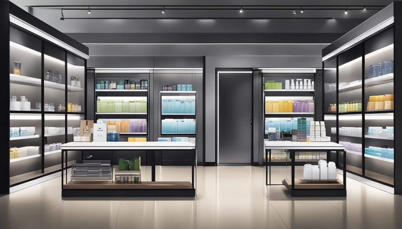 A modern, sleek store in Singapore displays Simplehuman products on clean, organized shelves. Bright lighting and minimalist decor create a sophisticated atmosphere