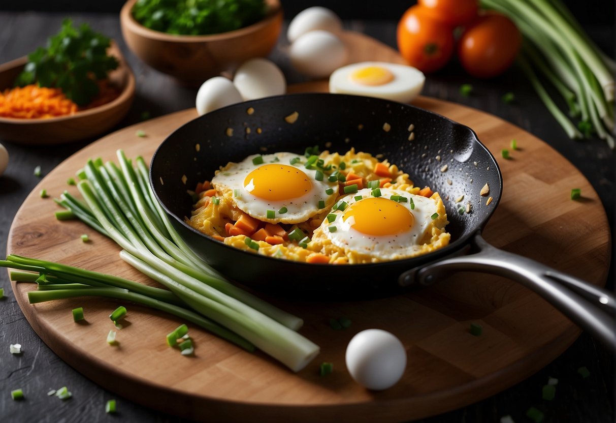 A sizzling pan with beaten eggs, green onions, and shredded carrots. A spatula flips the omelette, then it's plated with soy sauce
