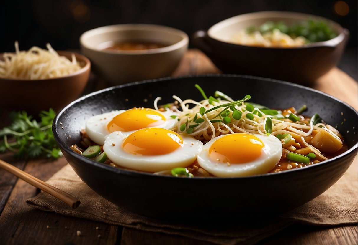 A sizzling wok of eggs, scallions, and bean sprouts, topped with a savory brown gravy and garnished with sesame seeds