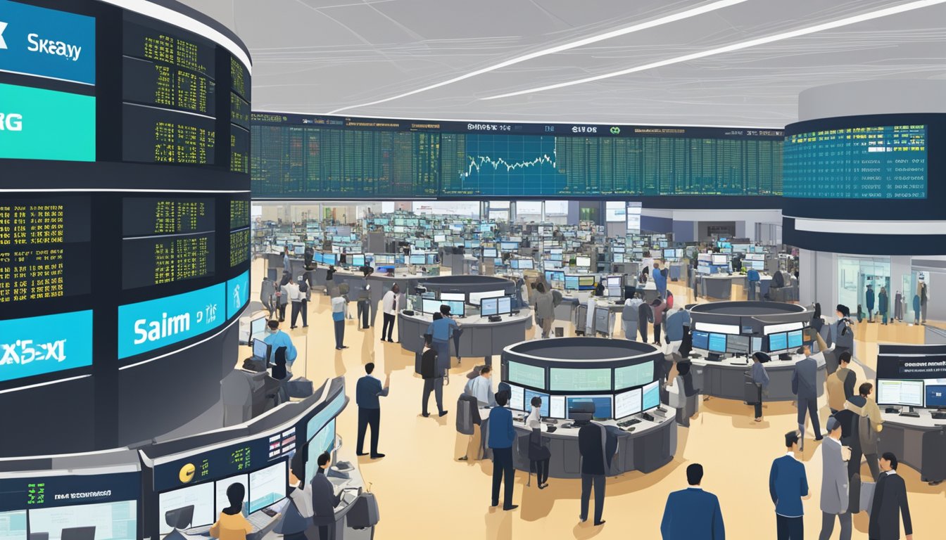 A bustling Singapore stock exchange floor with traders buying Samsung shares, displaying stock prices and market activity