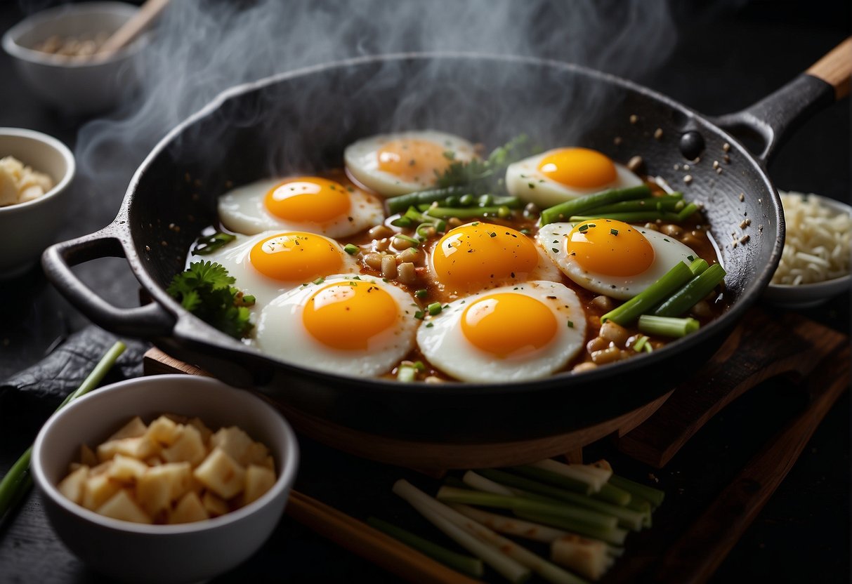 A sizzling wok of eggs, scallions, and savory gravy. Steam rising, chopsticks poised to dig in