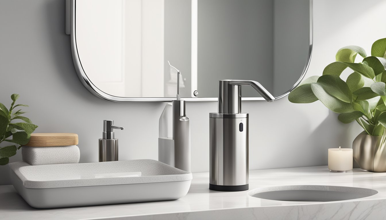 A modern bathroom with a sleek, stainless steel simplehuman sensor mirror, a touch-free soap dispenser, and a compact trash can. The products are neatly arranged on a clean, white countertop, surrounded by fresh greenery