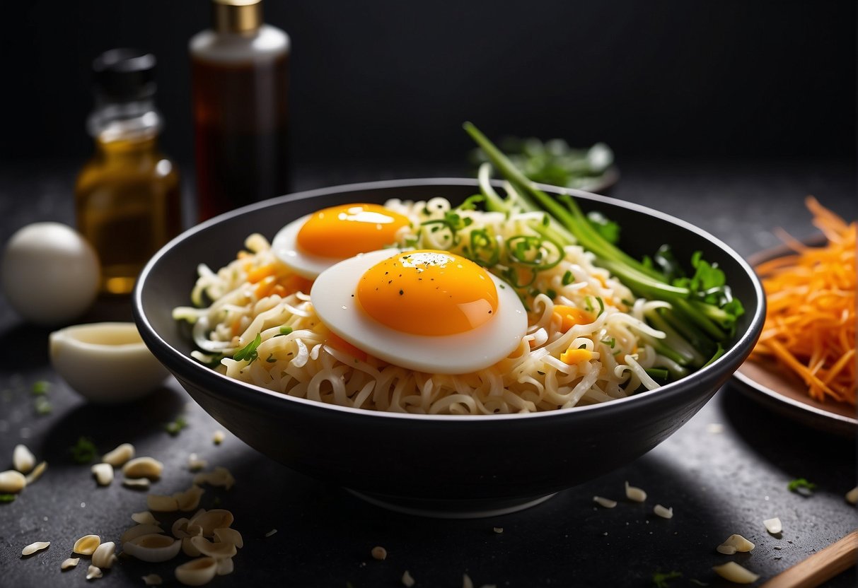 A bowl of beaten eggs, soy sauce, chopped scallions, and shredded carrots. A bottle of sesame oil and a plate of sliced mushrooms and bean sprouts on a kitchen counter