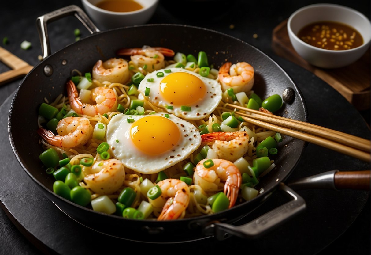 A wok sizzles with beaten eggs, green onions, and shrimp. A spatula flips the omelette, steam rising. Nearby, a bowl of soy sauce and a pair of chopsticks await
