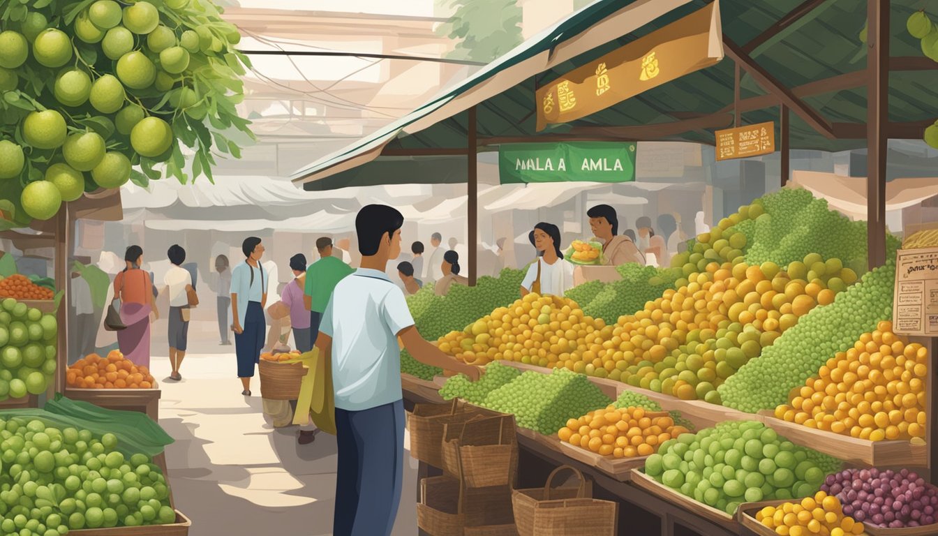 A bustling market stall displays fresh amla fruit in Singapore. Nearby, a sign advertises the health benefits of the Indian gooseberry