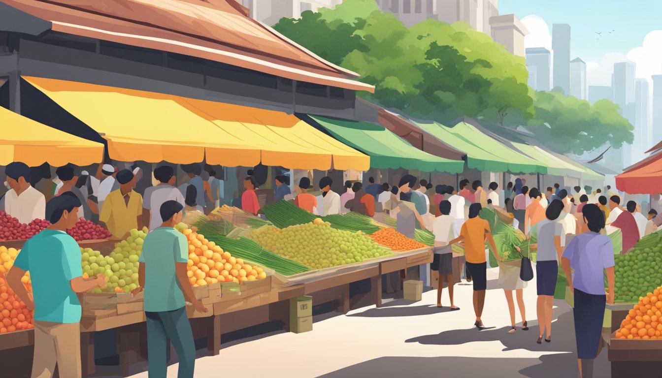 A bustling Singapore market with vibrant displays of amla fruit, surrounded by eager shoppers and vendors