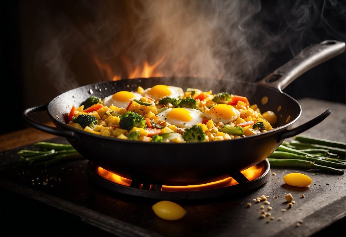 A wok sizzles with beaten eggs, diced vegetables, and savory seasonings. A spatula flips the omelette, creating a golden, fluffy dish
