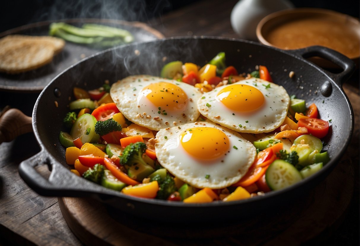A sizzling hot pan with colorful vegetables and beaten eggs, a sprinkle of sesame seeds, and a drizzle of soy sauce, creating a modern twist on a traditional Chinese omelette