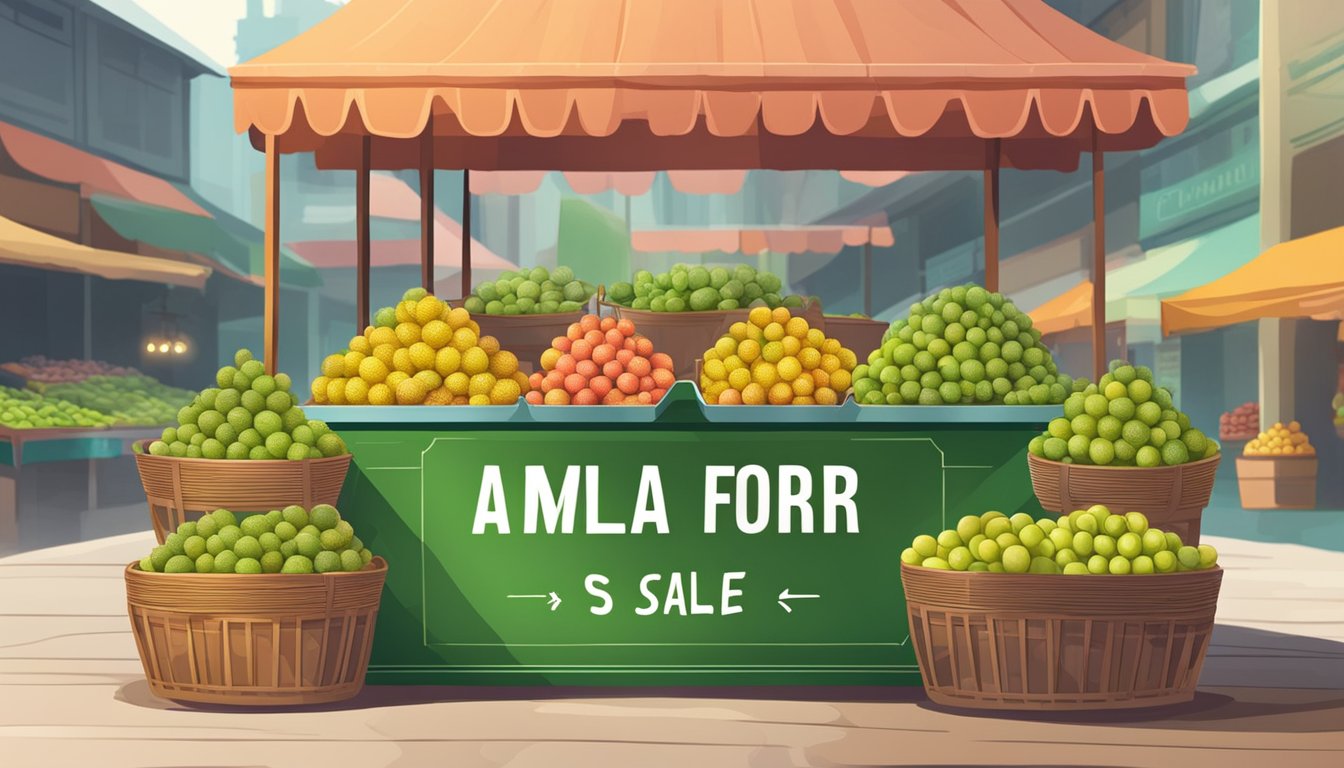 A colorful market stall with fresh amla fruit displayed in baskets, with a sign reading "Amla for sale" in Singapore
