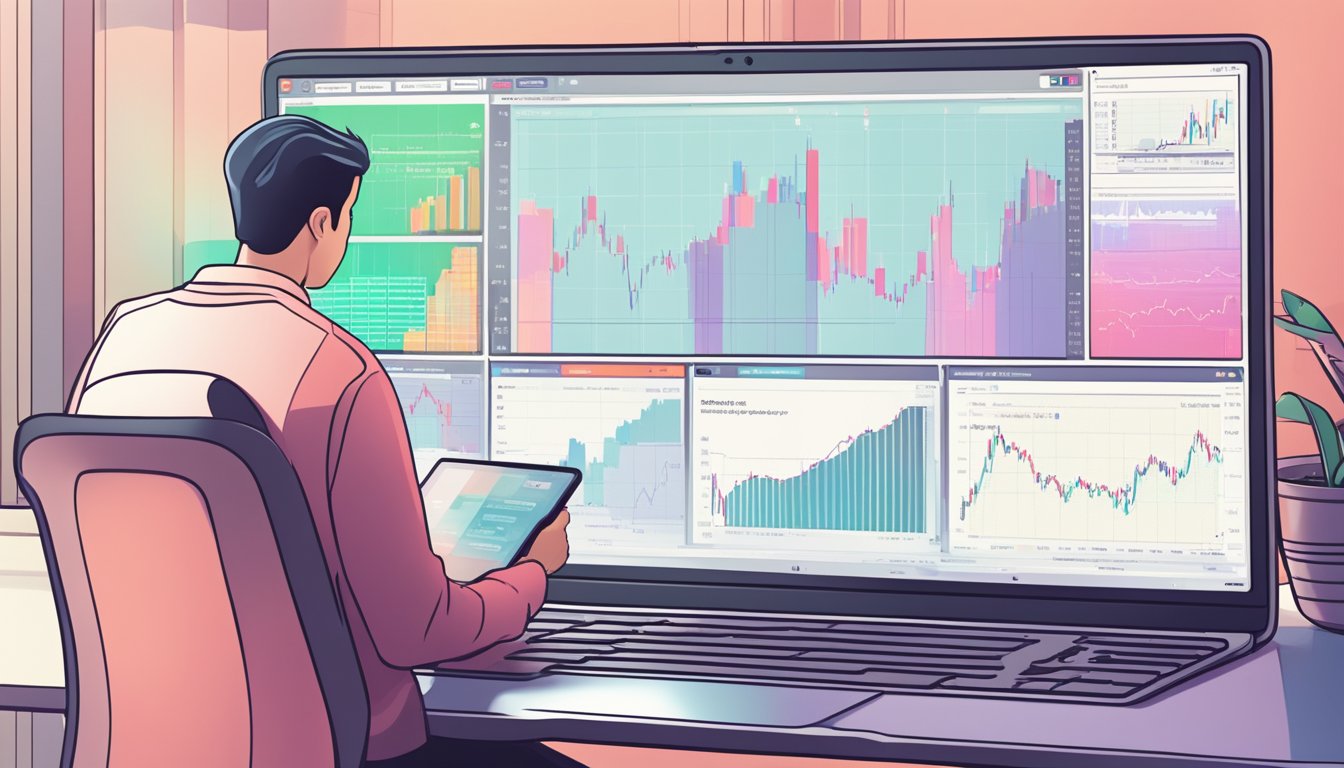 A person in Singapore uses a laptop to access a stock trading platform. They search for Tesla shares and proceed to make a purchase