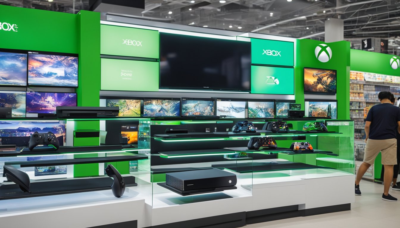 An Xbox One sits on a sleek display in a bustling electronics store in Singapore. Shoppers browse the latest gaming console with excitement
