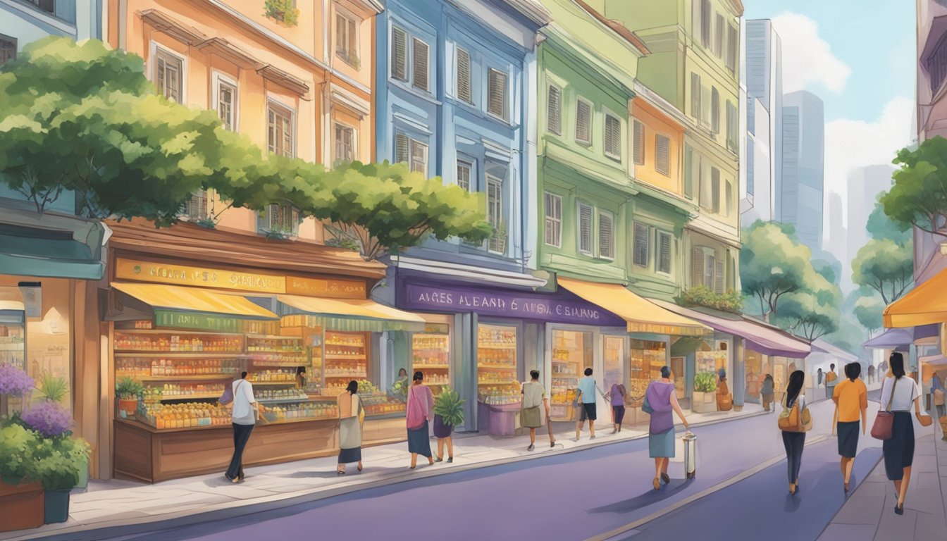 The bustling streets of Singapore are filled with colorful storefronts displaying an array of aromatherapy oils. The scents of lavender, eucalyptus, and citrus fill the air as customers browse the shelves, eager to find their perfect blend