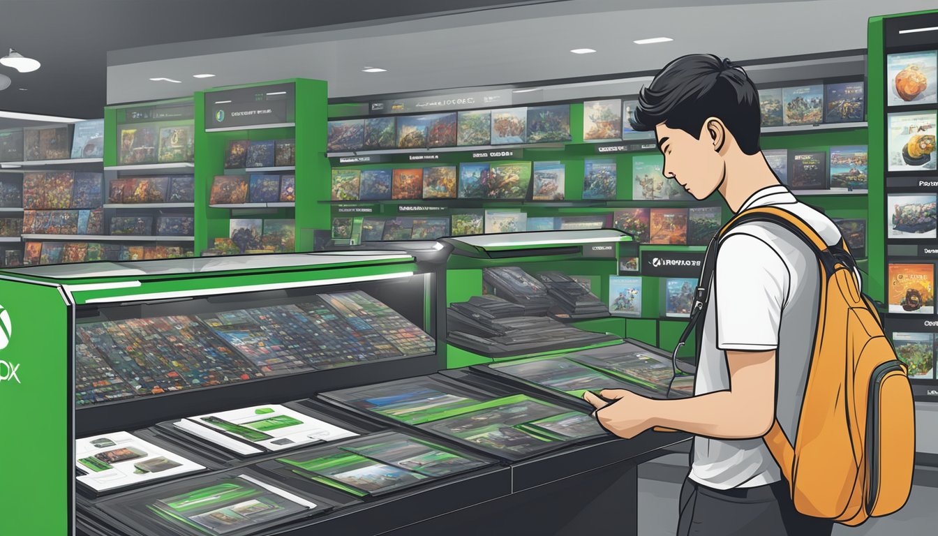 A customer selects from various purchasing options for Xbox One in a Singapore store, with support available