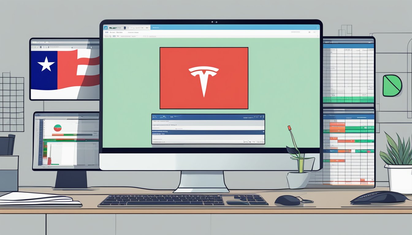 A computer screen displaying a stock trading platform with the Tesla stock symbol and a "buy" button highlighted. A Singapore flag in the background