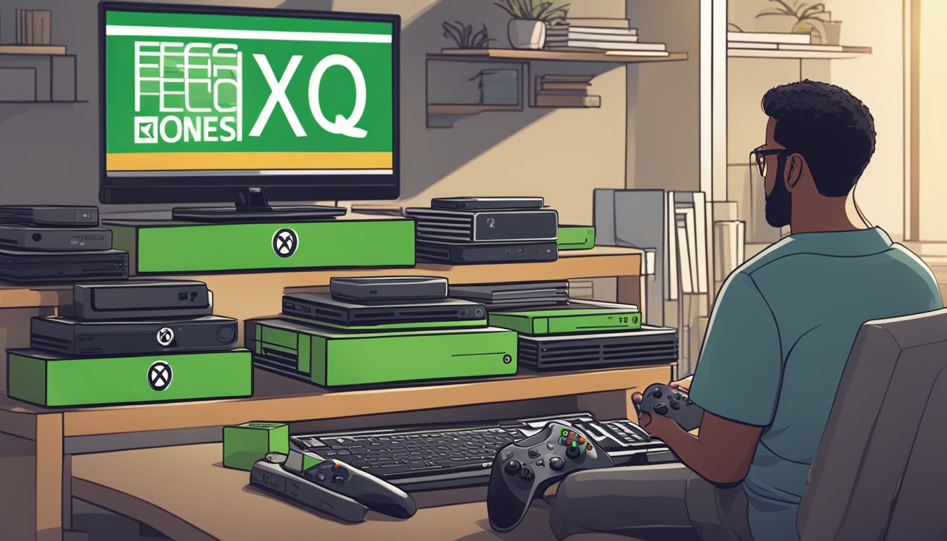 A customer browsing through a stack of Xbox One consoles with a "Frequently Asked Questions" sign displayed prominently in the background