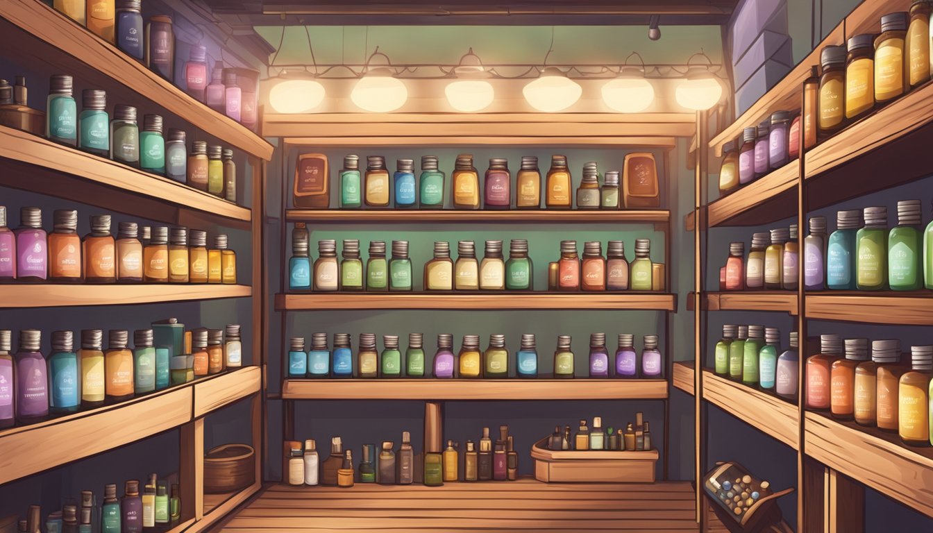 Aromatherapy oils displayed in a cozy shop, with soft lighting and calming music. Shelves are neatly organized with various essential oils and diffusers
