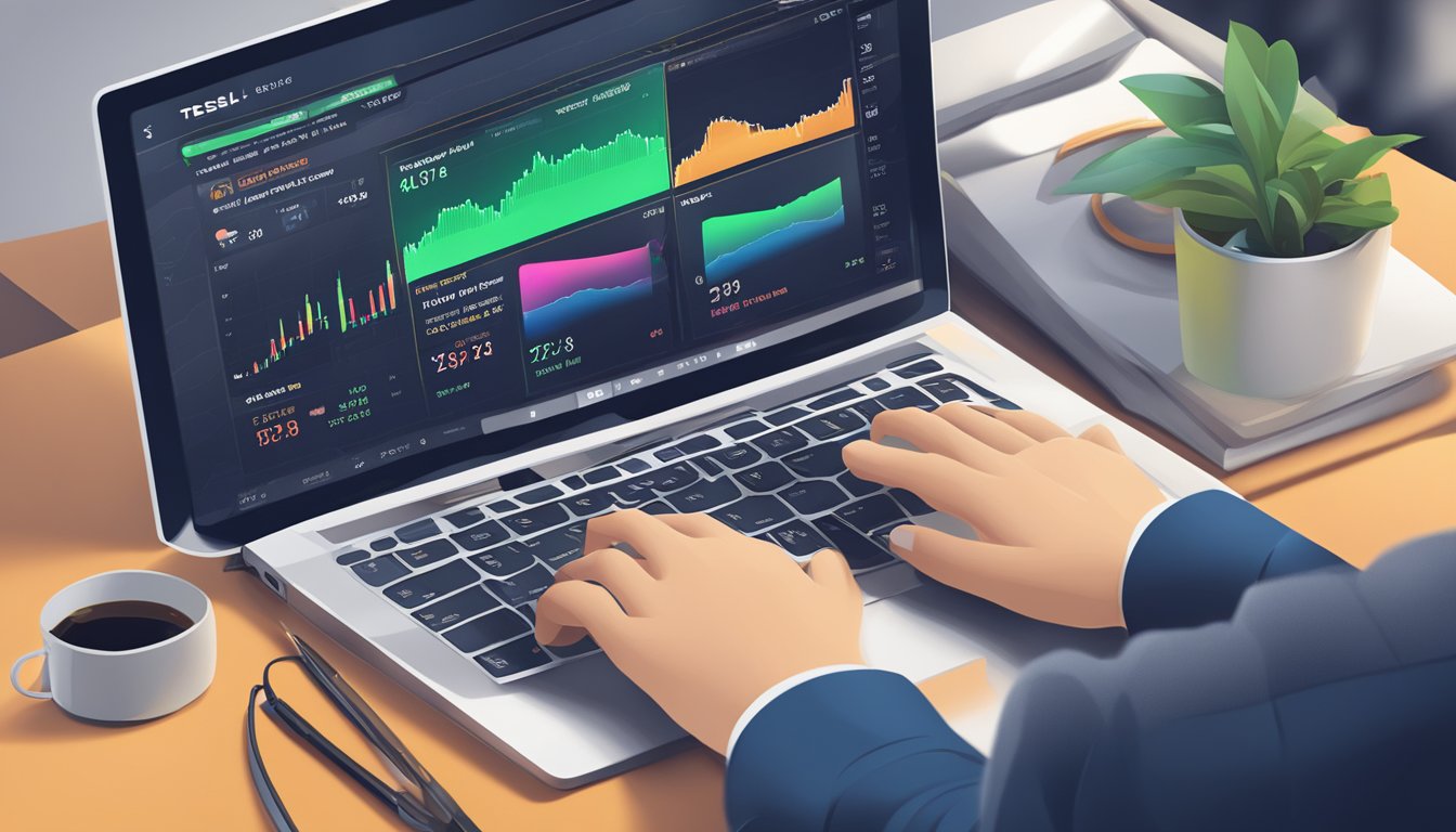 A computer screen displaying a stock trading platform with the option to buy Tesla shares in Singapore. A hand holding a credit card is ready to make the purchase