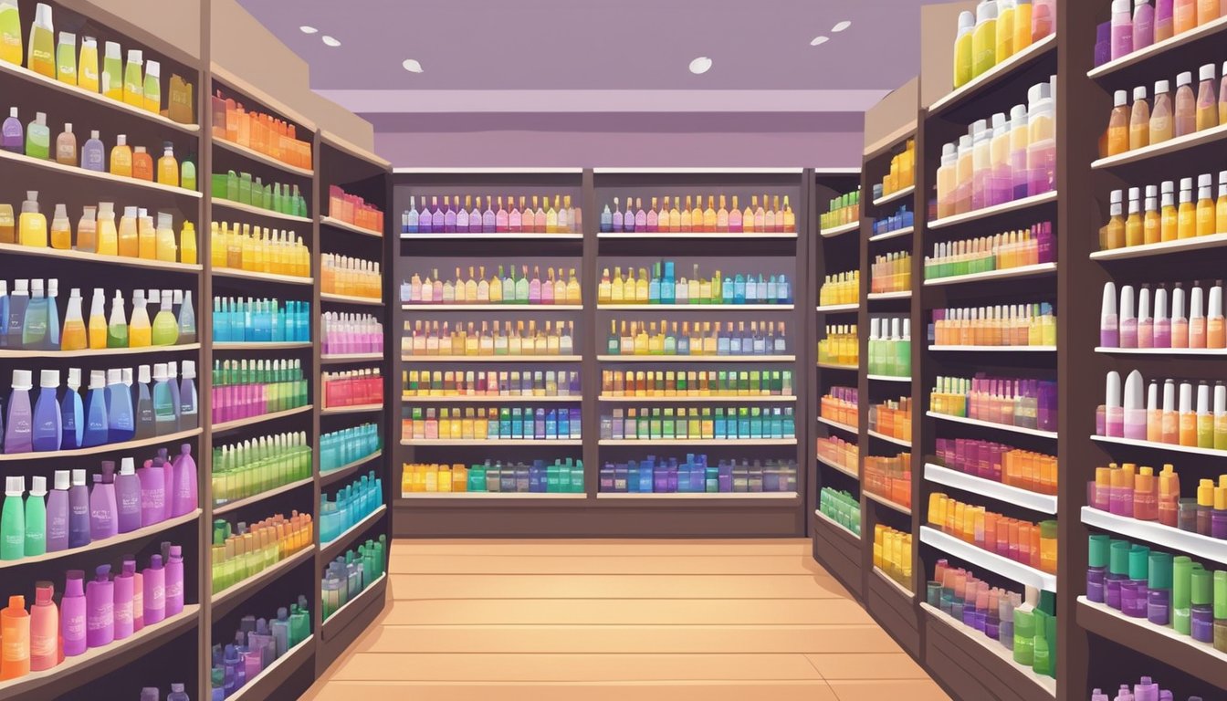 Shelves of colorful aromatherapy oils in a Singapore store. Labels display product names and prices. Customers browse the selection