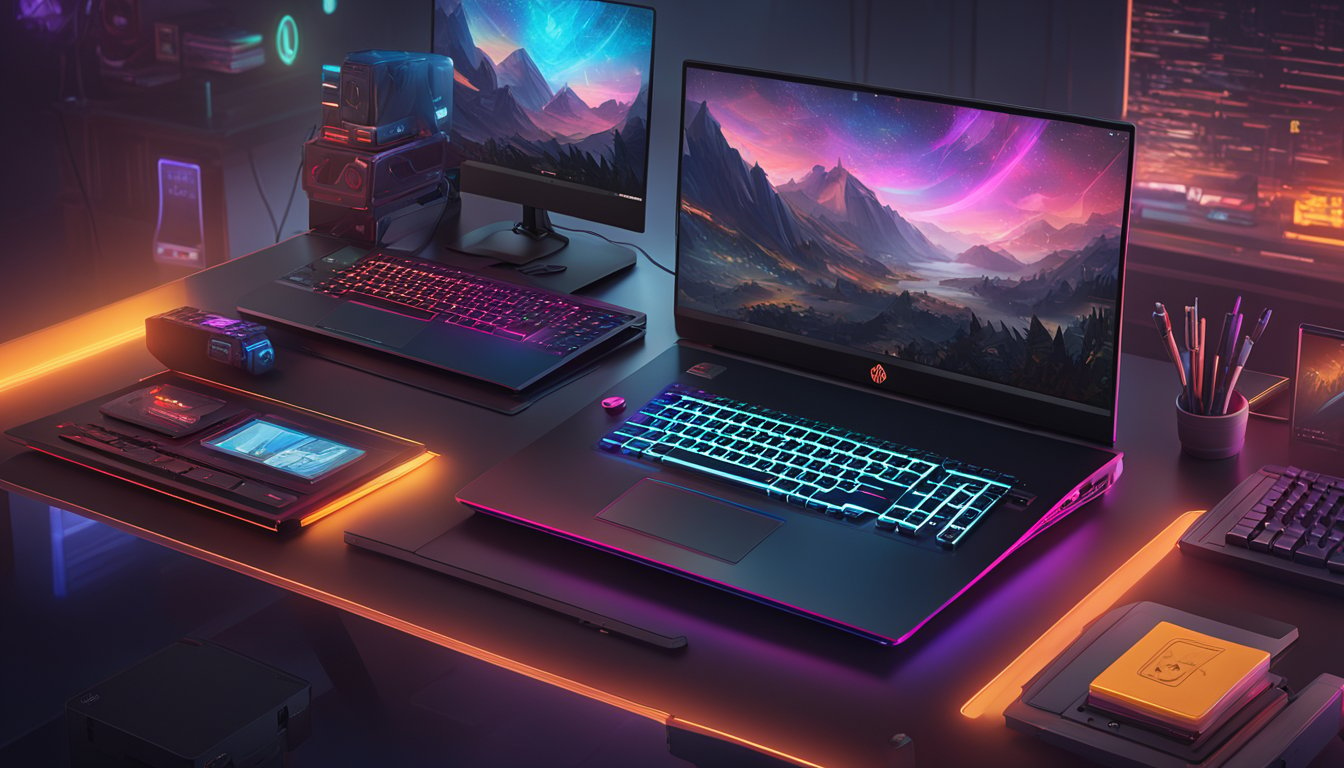 An HP Omen laptop sits on a sleek desk, surrounded by gaming peripherals. The laptop's backlit keyboard and vibrant screen catch the eye