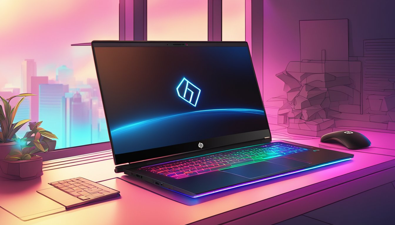 An HP Omen laptop sits on a sleek desk, glowing with customizable RGB lighting. The powerful device features a high-resolution display and a stylish, angular design