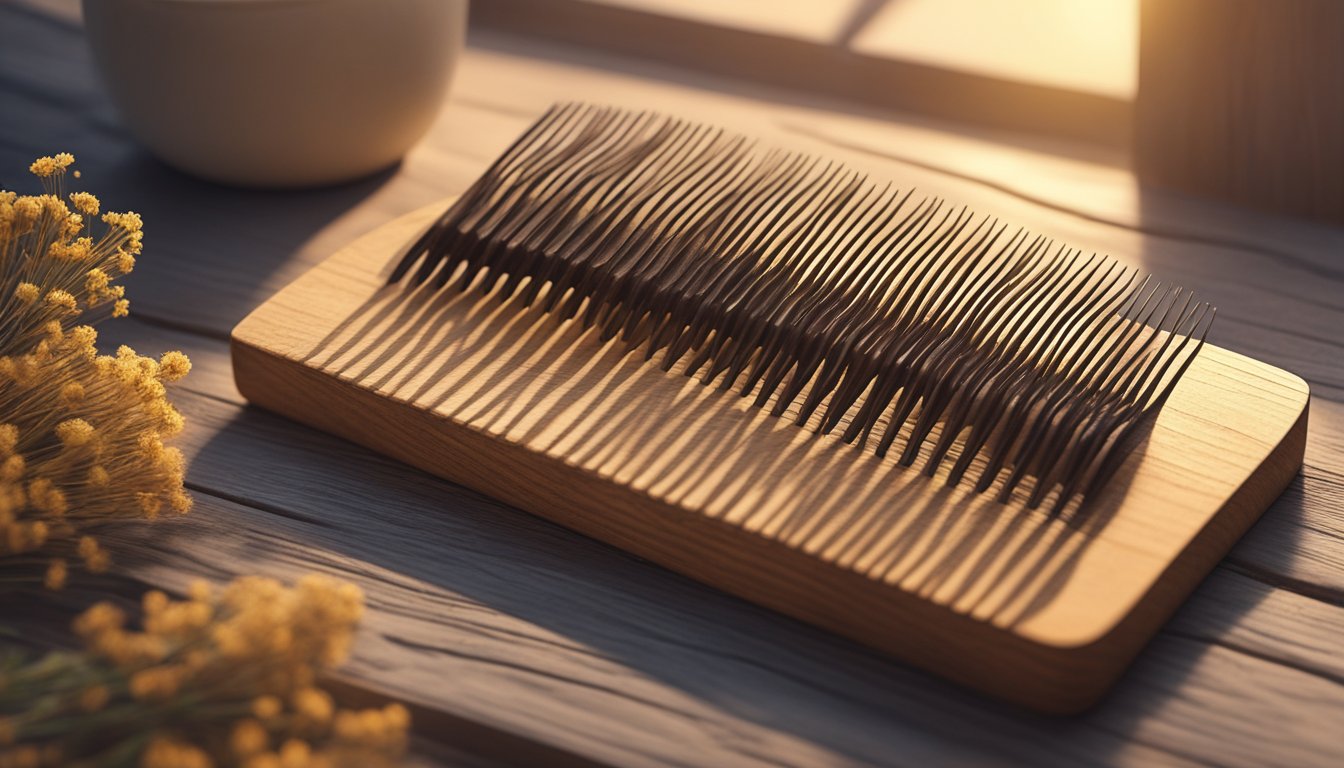 A wooden comb rests on a rustic table, surrounded by dried flowers and a soft, warm light filtering through a nearby window