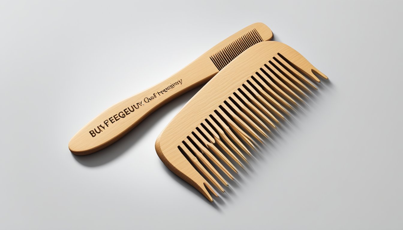 A wooden comb displayed on a clean, white background with "Frequently Asked Questions" text above and "buy online" below