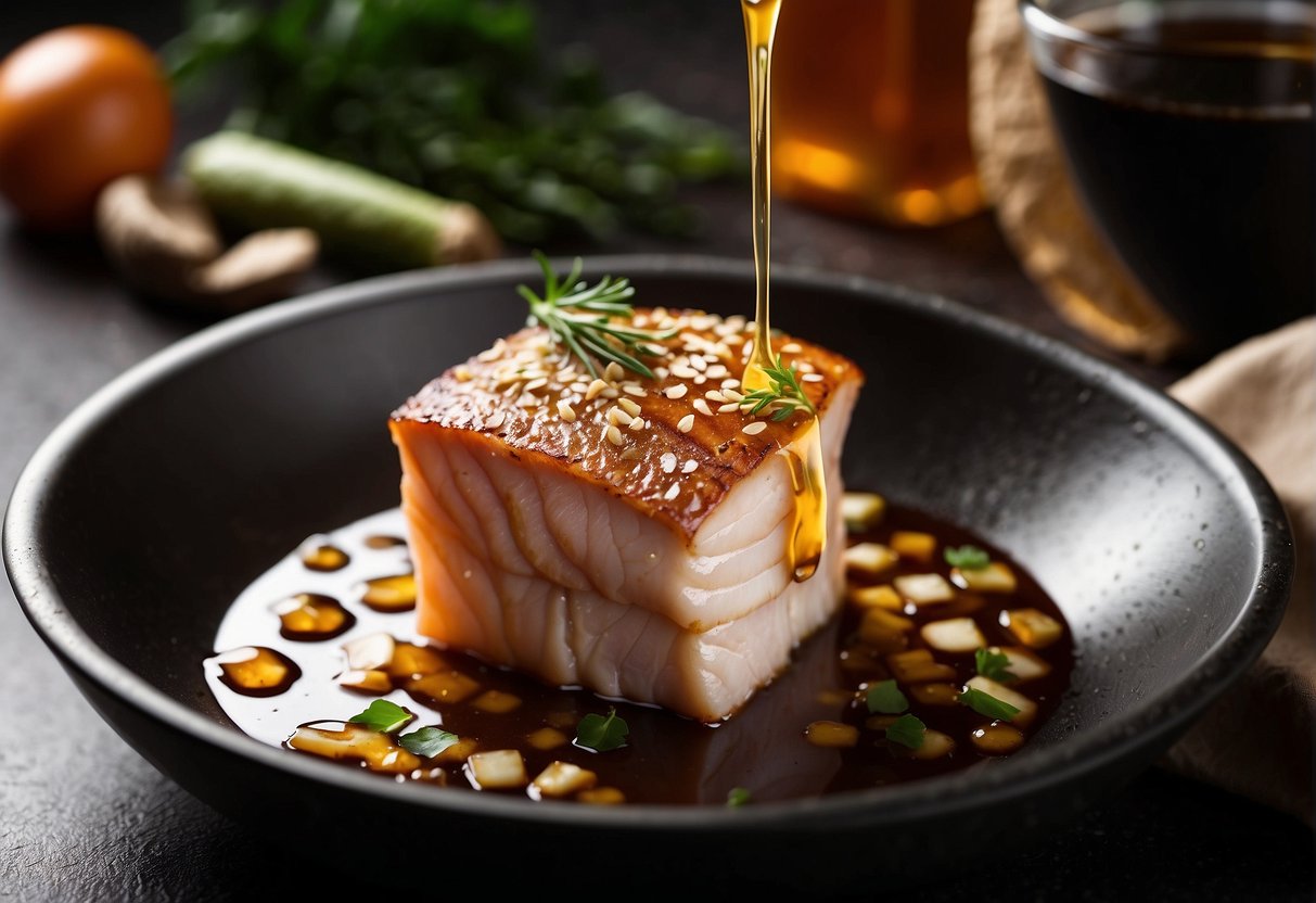 A sutchi fillet being marinated in a mixture of soy sauce, ginger, garlic, and sesame oil, ready to be pan-fried in a hot skillet