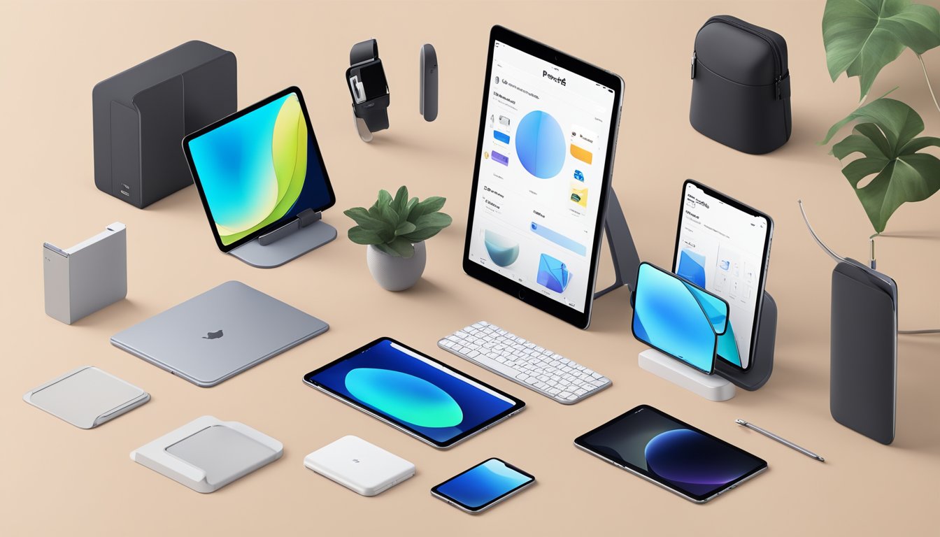 An iPad Air 256GB sits on a sleek display stand at Best Buy, surrounded by other electronic devices and accessories
