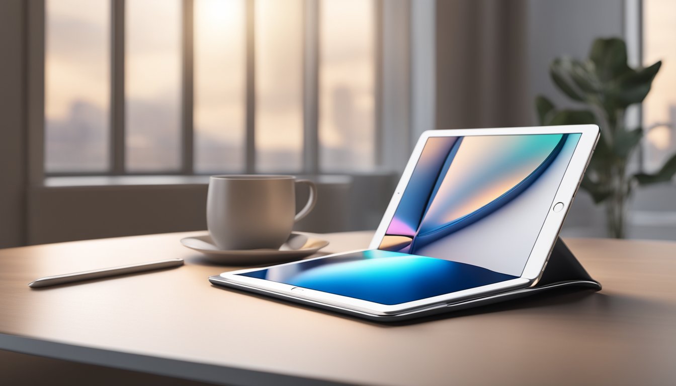 An iPad Air 256GB sits on a sleek, modern table, surrounded by minimalist decor. The soft glow of the screen illuminates the room, creating a sense of elegance and sophistication