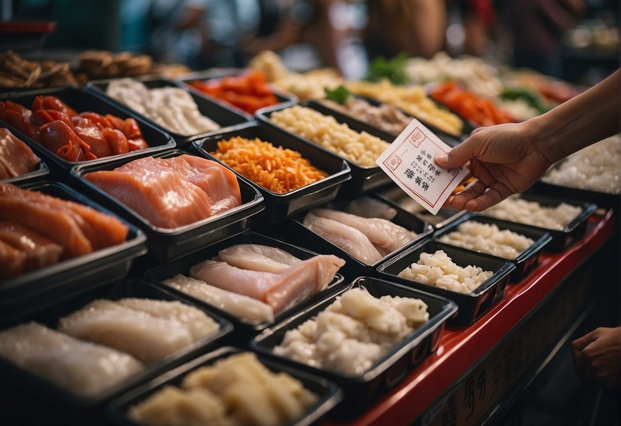 A hand reaches for the best sutchi fillets in a market display. Labels in Chinese script add authenticity to the scene