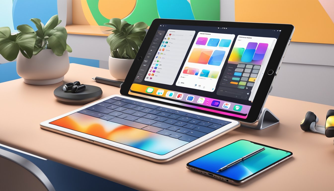 An iPad Air 256GB sits on a sleek, modern desk. The device is surrounded by various accessories, such as a keyboard, stylus, and headphones. The screen displays a vibrant and engaging interface, showcasing the versatility and functionality of the device