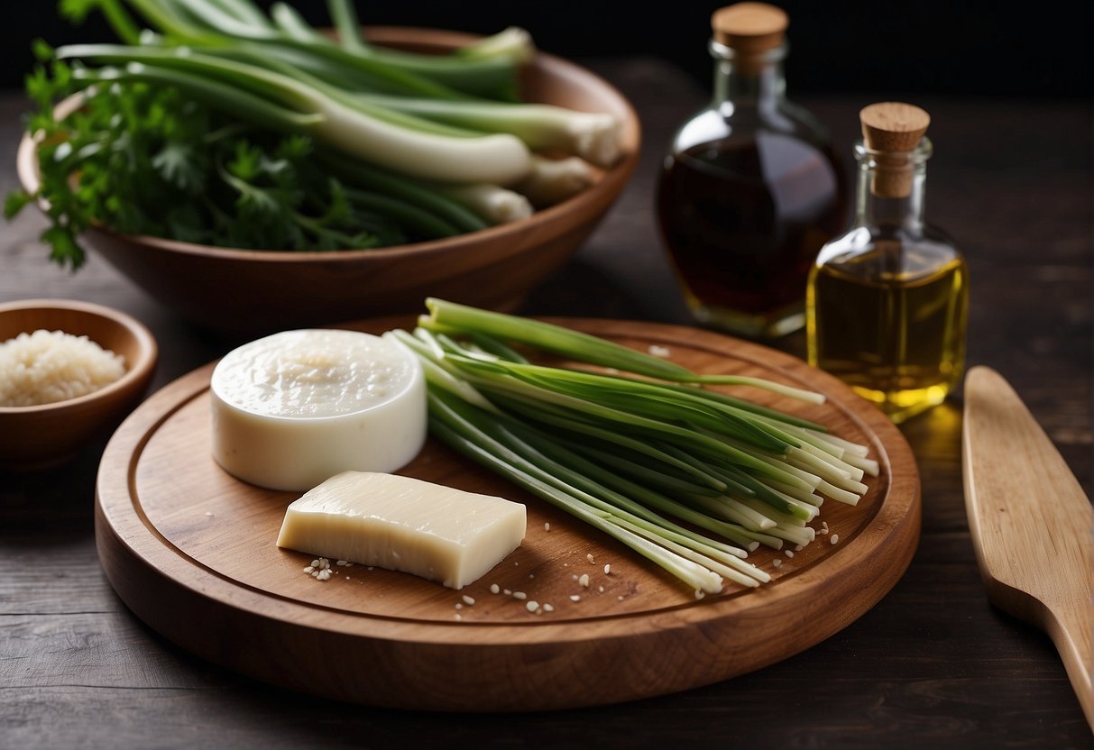 A wooden cutting board with fresh sutchi fillet, soy sauce, ginger, garlic, and green onions. A bowl of cornstarch and a bottle of cooking oil nearby