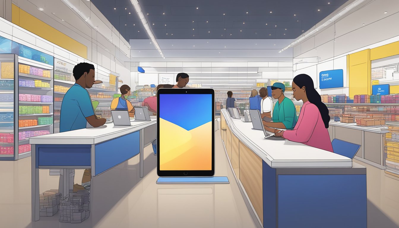An iPad Air 256GB sits on a sleek, modern table in a bustling Best Buy store, surrounded by customers and employees. The device's screen displays a list of frequently asked questions, illuminated by the store's bright lighting