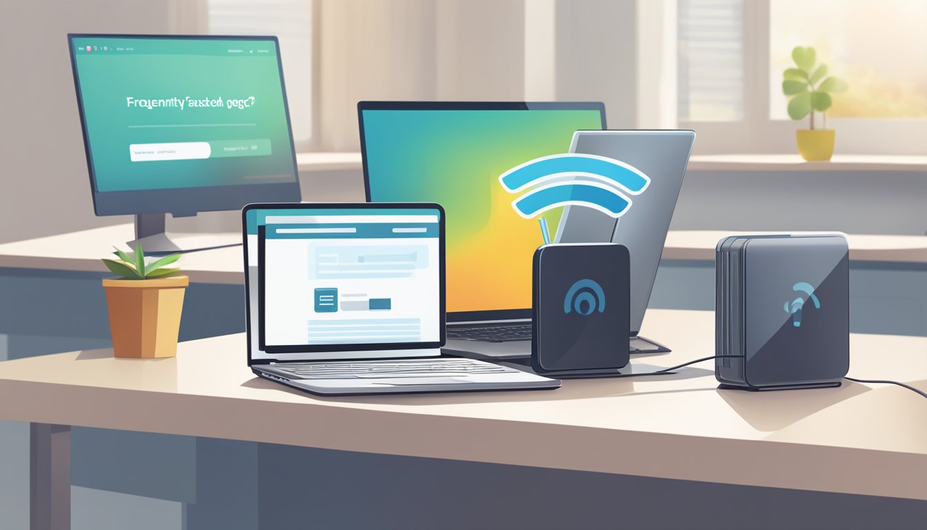A wifi extender placed on a desk next to a laptop and a router, with a "Frequently Asked Questions" page open on the laptop screen