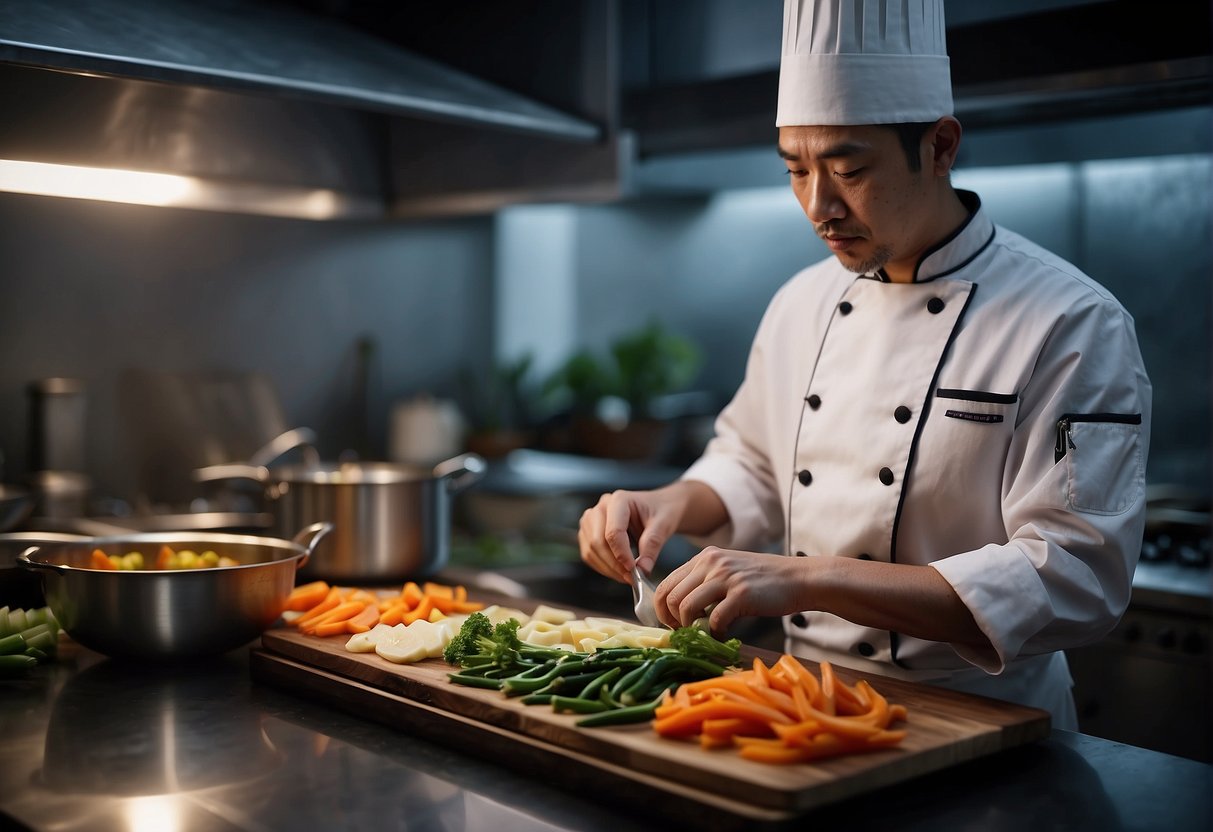 A chef seasons and marinates a sutchi fillet, then slices vegetables for a Chinese recipe