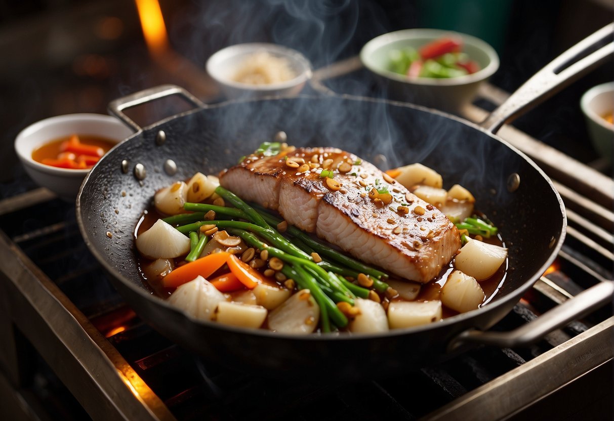 Sutchi fillet sizzling in a wok with ginger, garlic, and soy sauce. Steam rising, vibrant colors, and tantalizing aroma