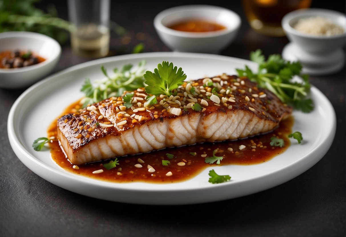 A sizzling sutchi fillet, adorned with vibrant Chinese spices, is elegantly arranged on a sleek white plate, garnished with fresh herbs and a drizzle of savory sauce