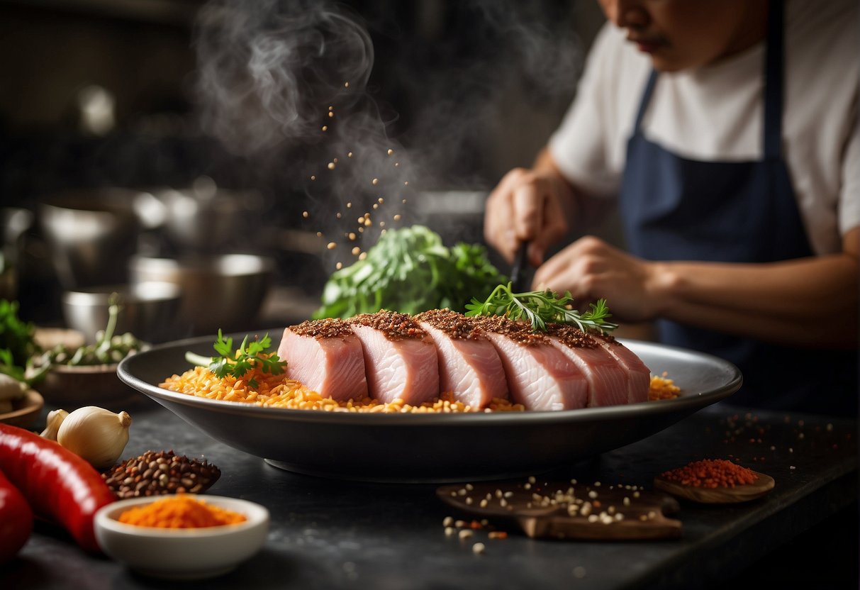 A sutchi fillet being prepared with Chinese spices and ingredients in a bustling kitchen