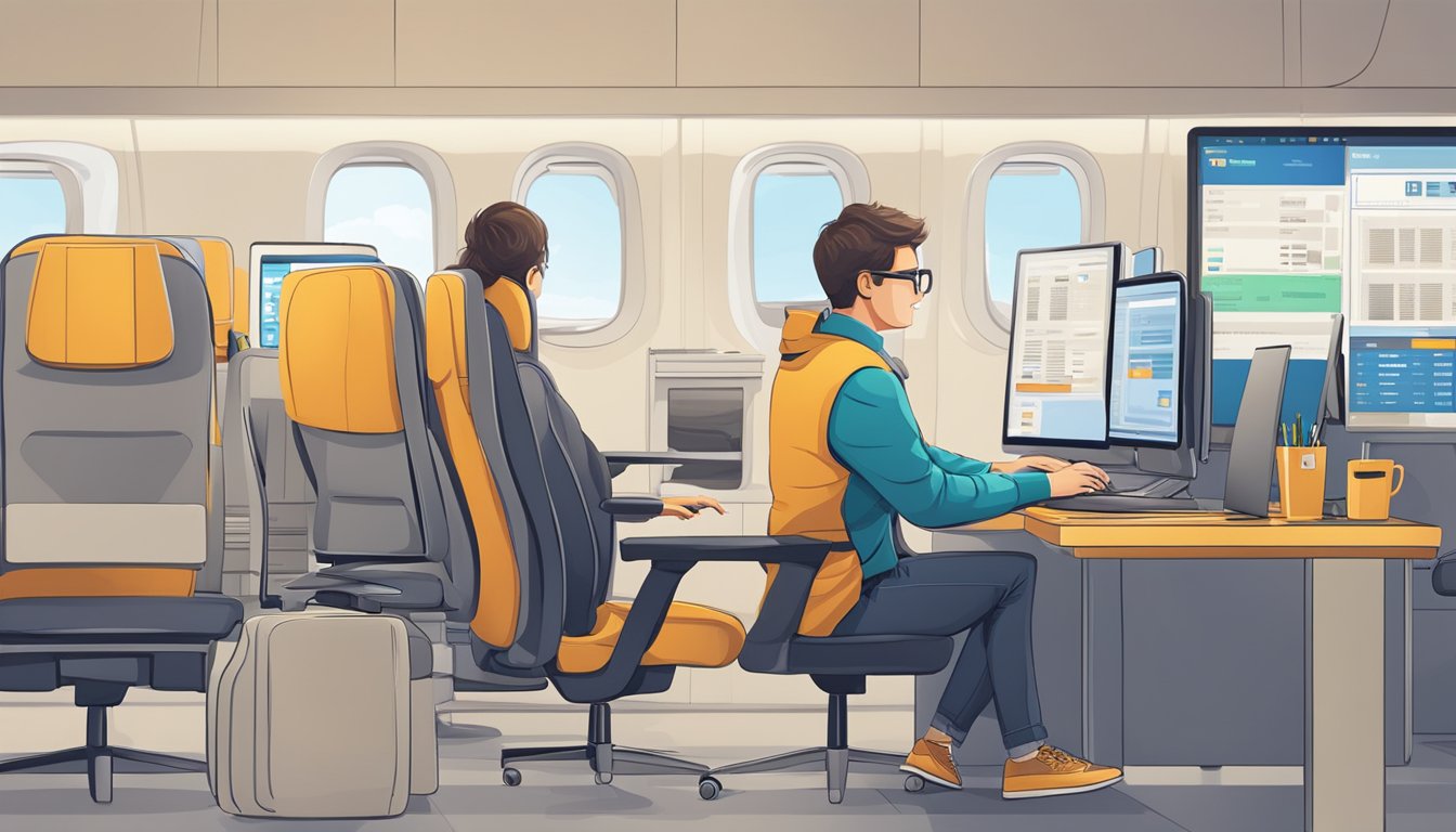 A person sitting at a computer, entering flight details, selecting seats, and making a payment to buy plane tickets online