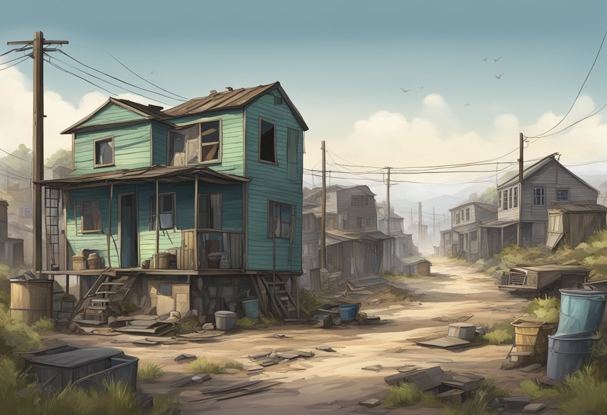 A rundown shanty town with dilapidated homes, unpaved roads, and limited access to basic services