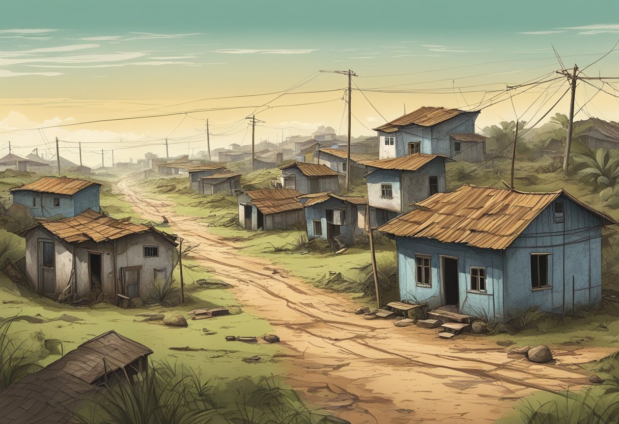 A desolate landscape with dilapidated homes, unpaved roads, and neglected infrastructure, representing the 100 worst IDH areas in Brazil