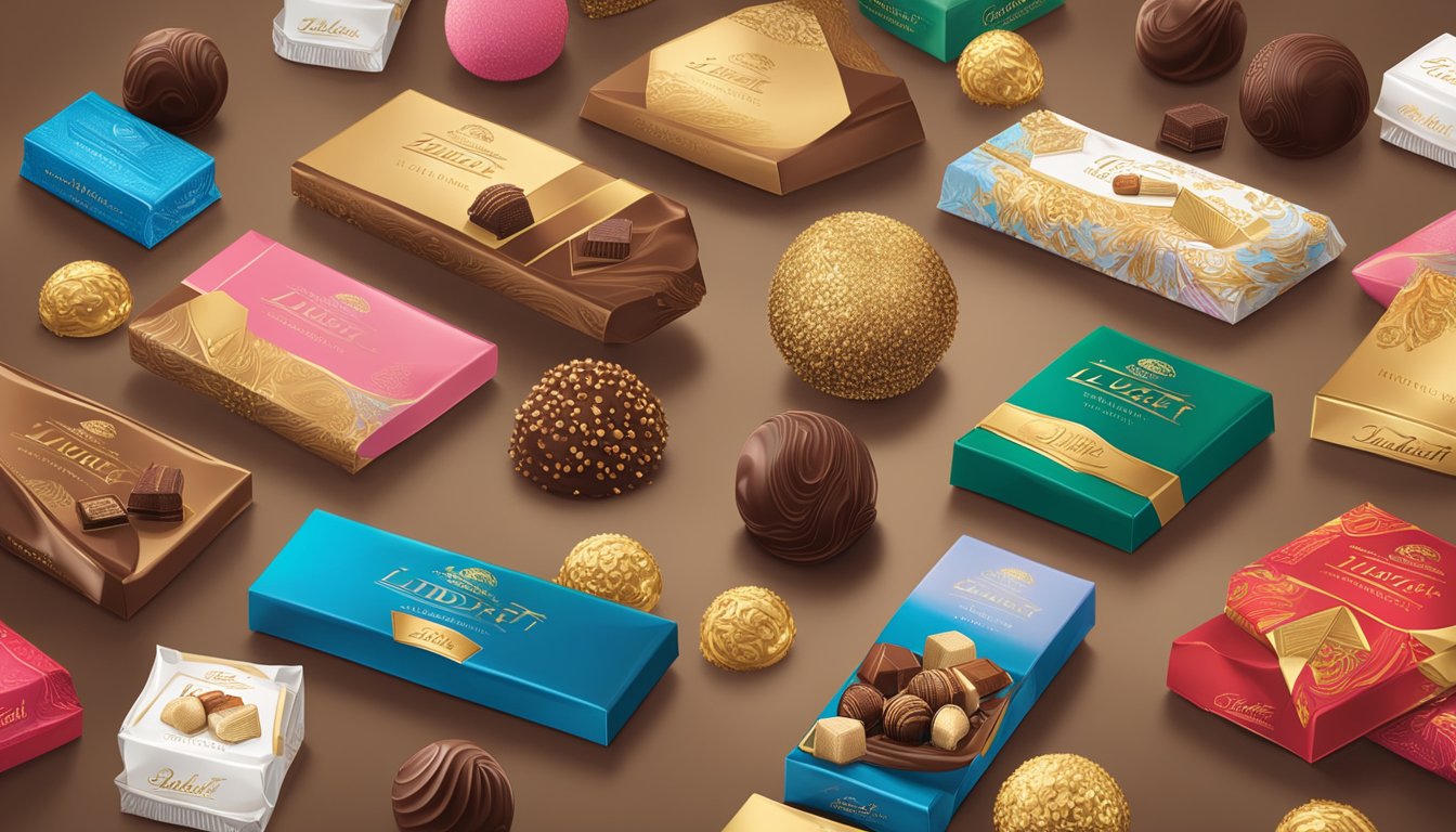 A display of Lindt chocolate bars and truffles, surrounded by elegant packaging and a sign reading "Discover the World of Lindt Chocolate."