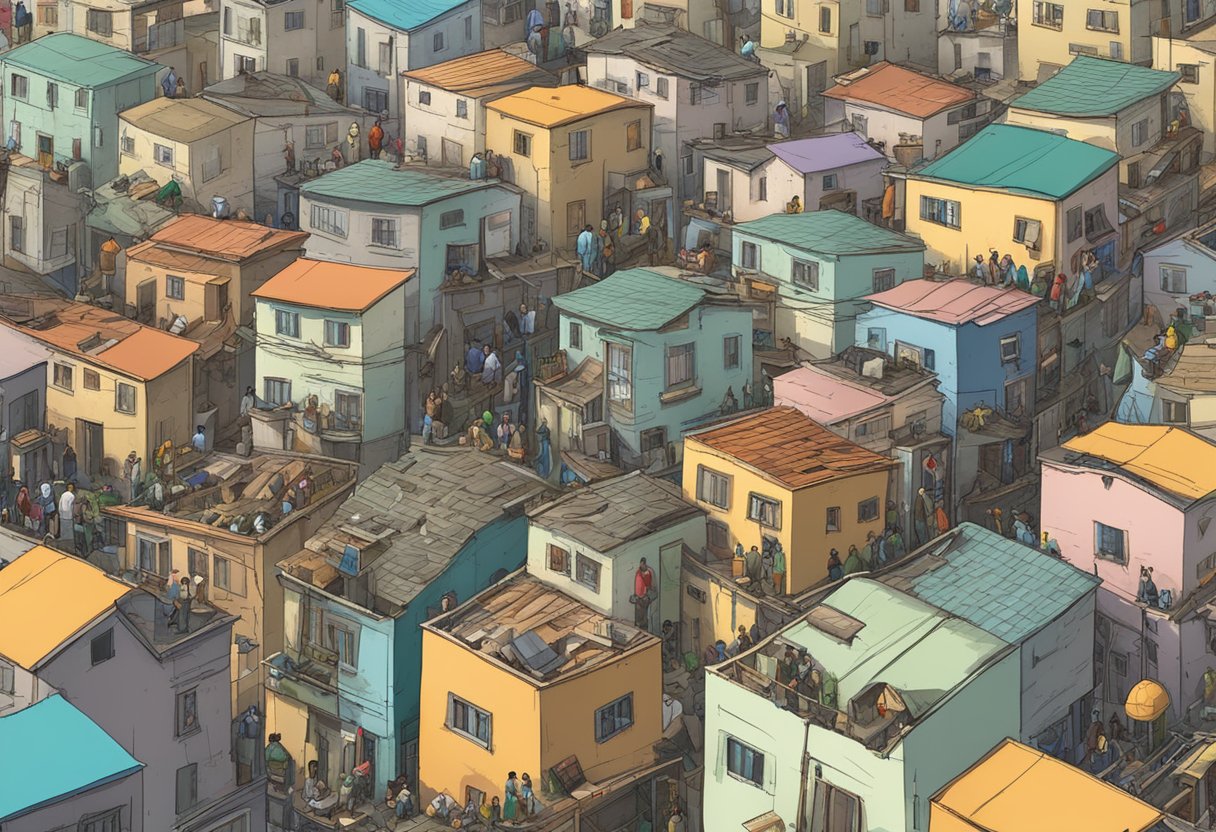 A crowded, impoverished urban area with dilapidated buildings and limited access to basic services