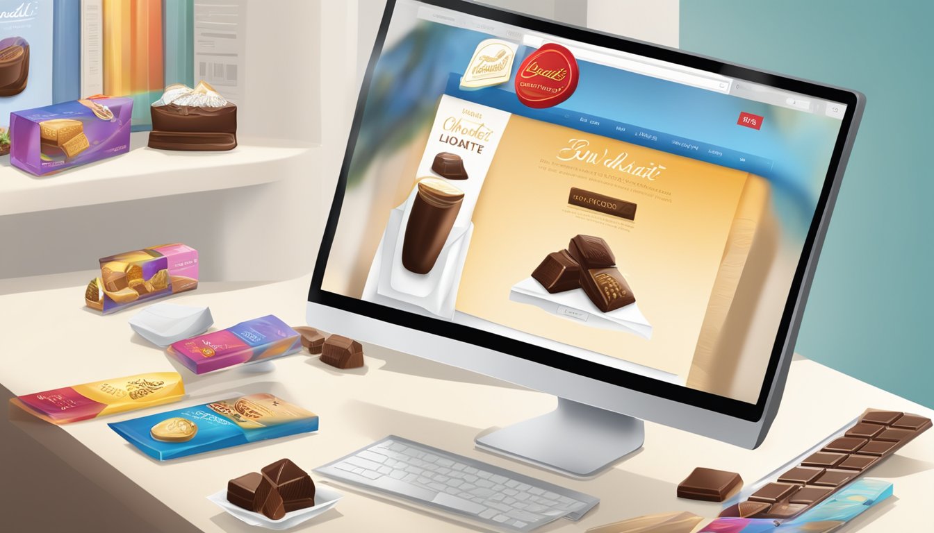 A computer screen with a browser open to a website selling Lindt chocolate. Various Lindt chocolate products are displayed with a "buy now" button
