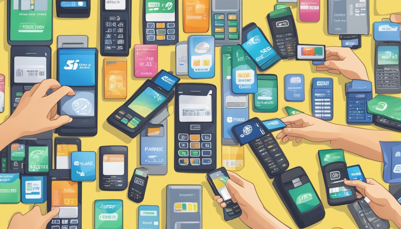 A hand reaching for various sim cards on display in a Singaporean store